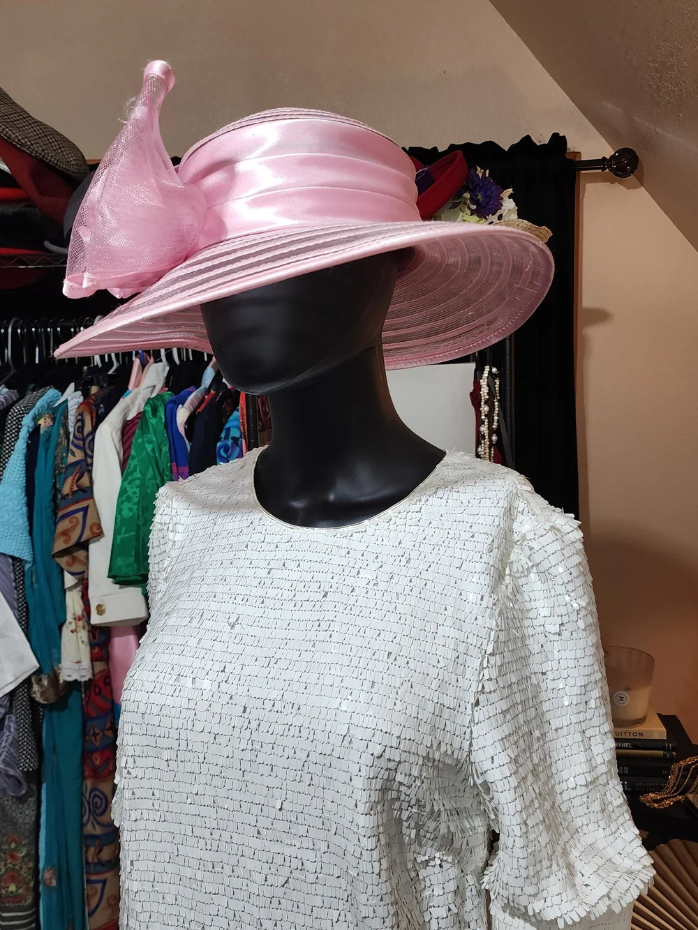 Vintage 80's Pink Wide-Brim Hat with Satin Rose and Sheer Bow